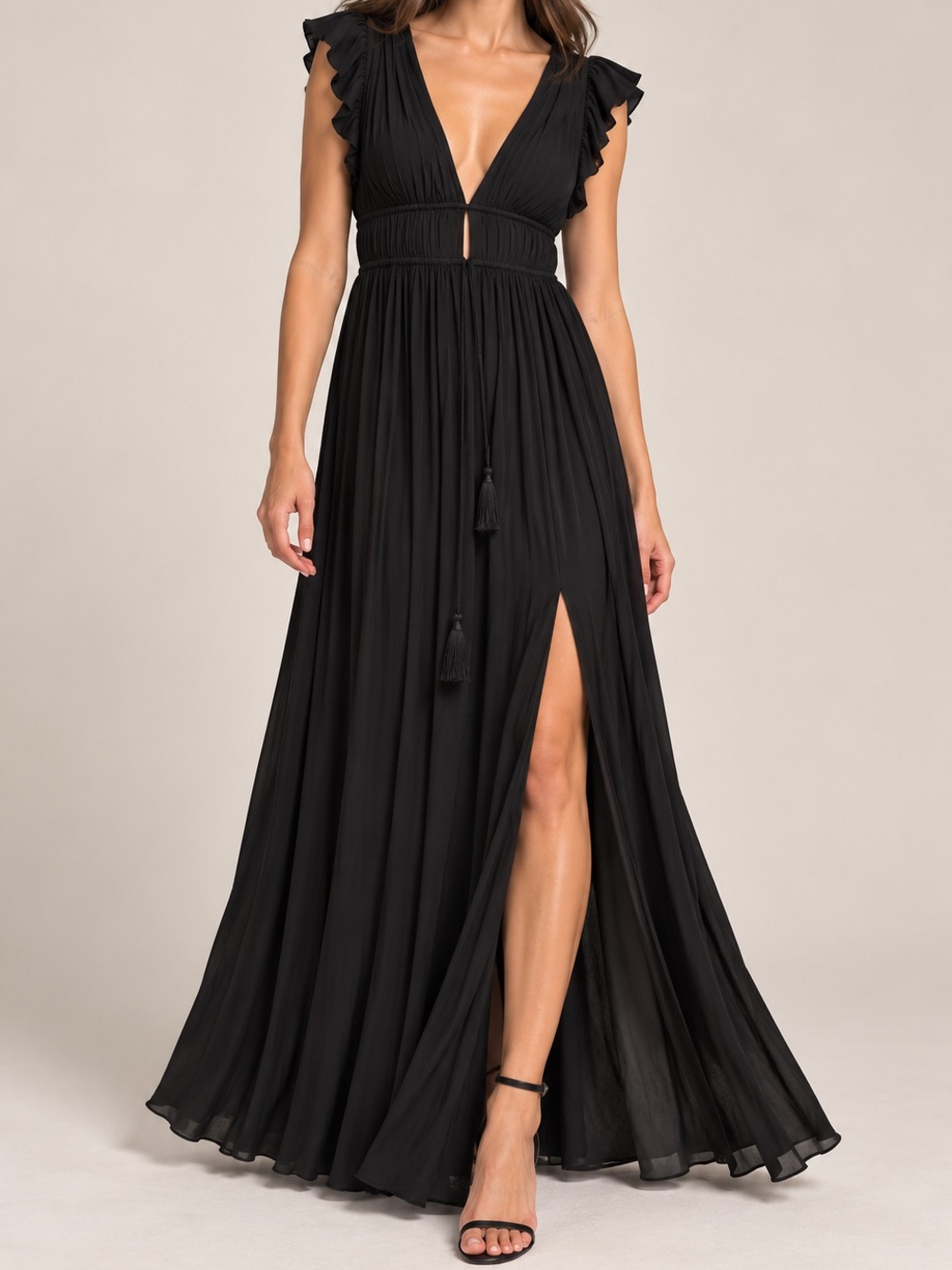 AZAZIE Black Ruched Maxi Dress A16 Flutter Sleeve Formal Bridesmaid Gown
